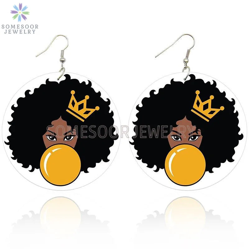 Pink Black Afro Woman Bubble Gum Print Wood Drop Earrings