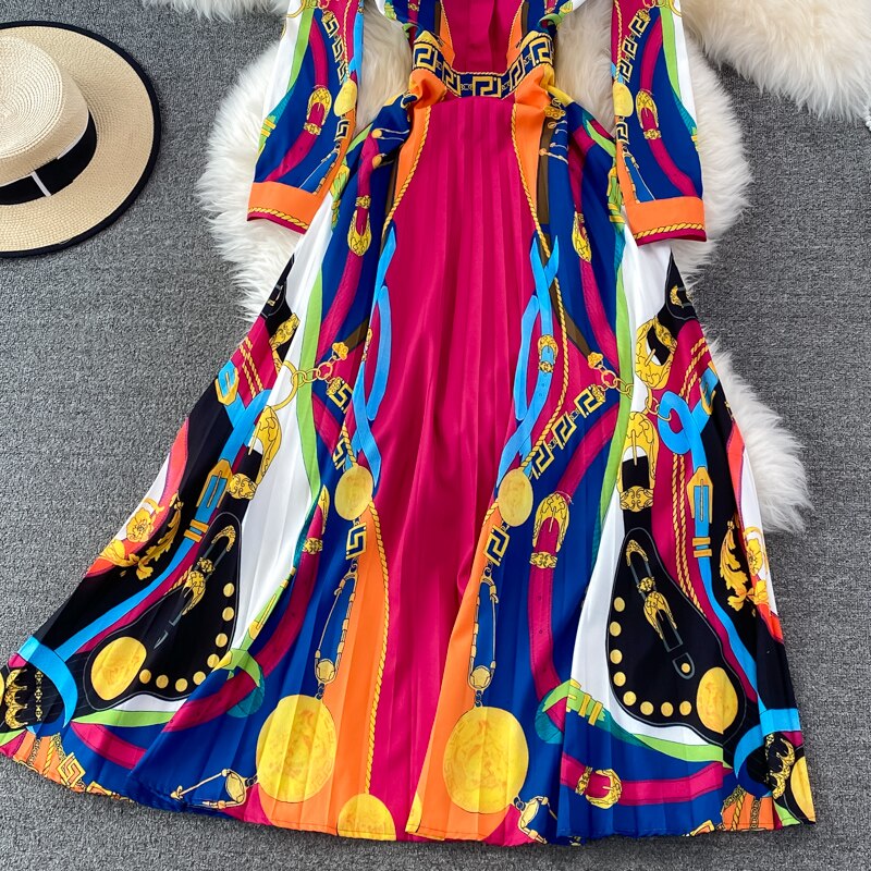 Roman Baroque Lapel Waist Big Swing Seaside Printed Pleated Dress