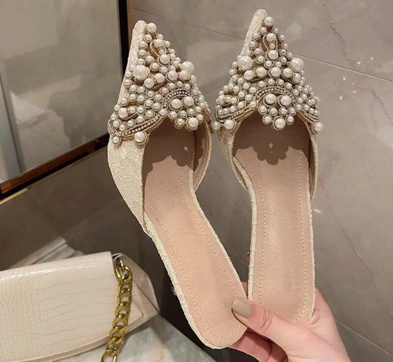 Pearl Crystal Patchwork Slip-On Thin Heel Mule Pumps