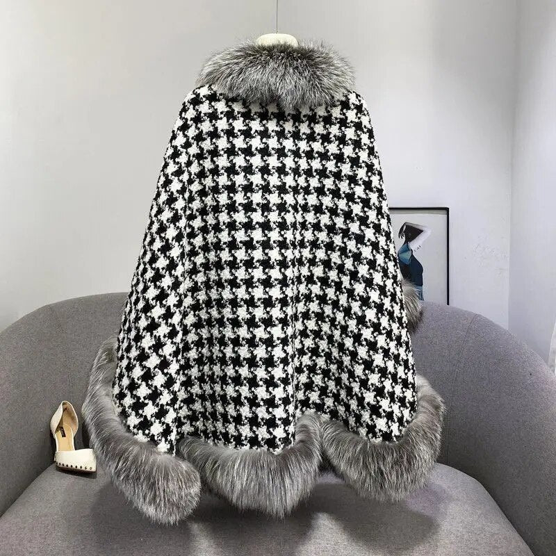 Faux Mink Fur Capes Houndstooth 2-Sided Cloak Cardigan Cape Shawl