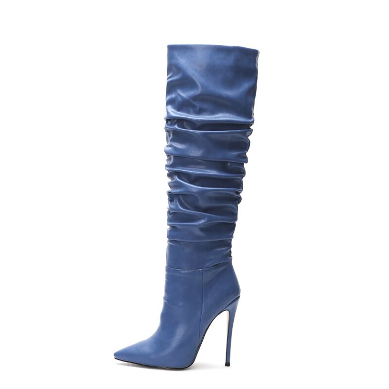 Pointed Slouch Pleated Ladies Knee High Boots