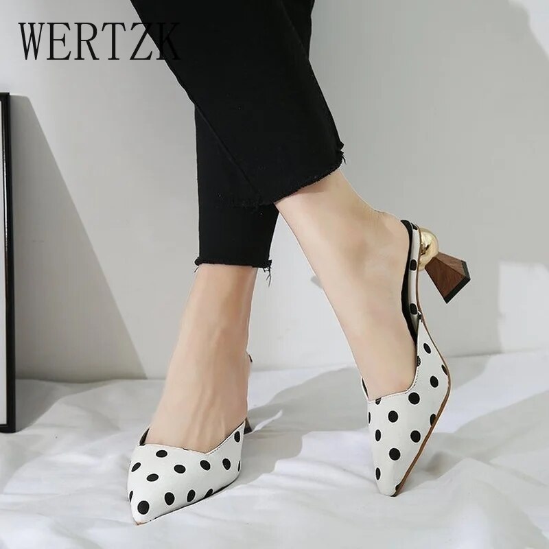 Polka Dot Pointed Toe Metal Heel Mules