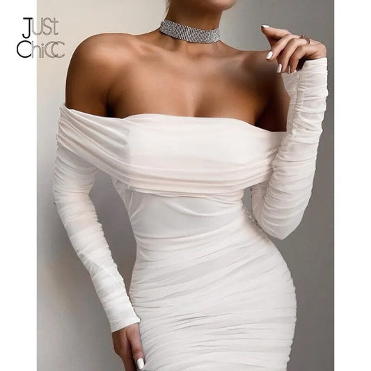 Double Layer Mesh Pleated Long Sleeve Bandage Off Shoulder Midi Dress