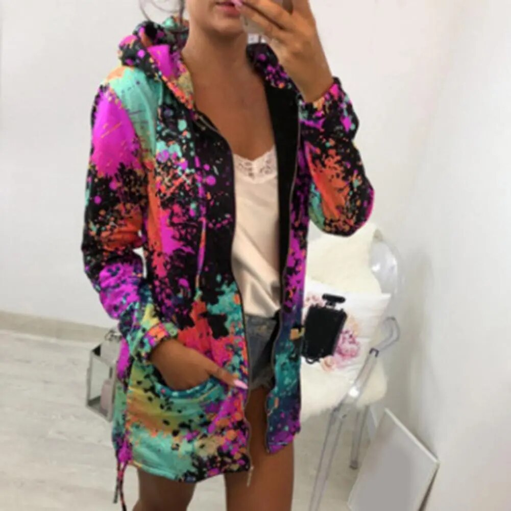 Graffiti Print Oversized Zipper Cardigan Women's Retro Sweatshirt