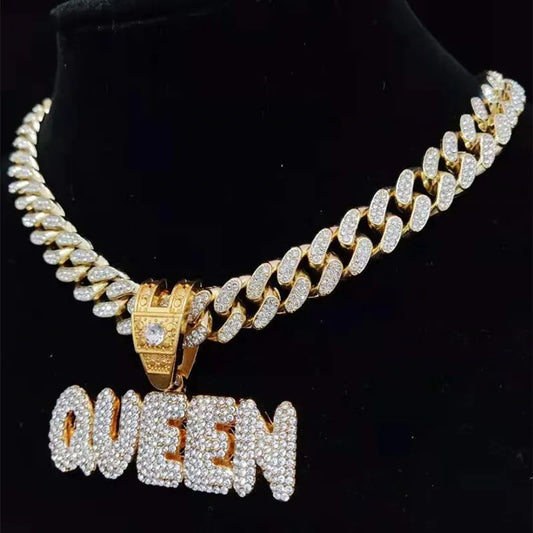 "KING" or "QUEEN" Letter Pendant Miami Cuban Iced Out Chain