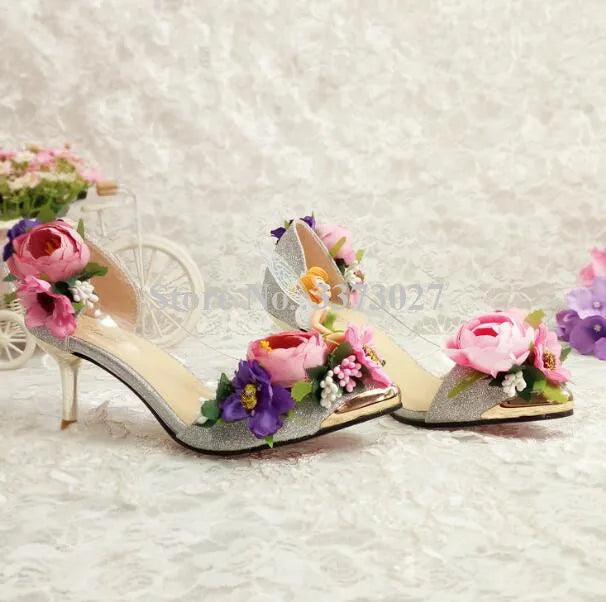 Pink/Baby Blue Rose Flower Decor Women's High Heel Pointed Toe Slip-On Pumps