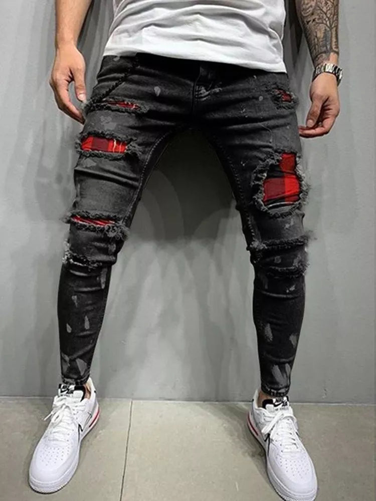 Plaid Men's Ripped Grid Patchwork Denim Pencil Skinny Jeans