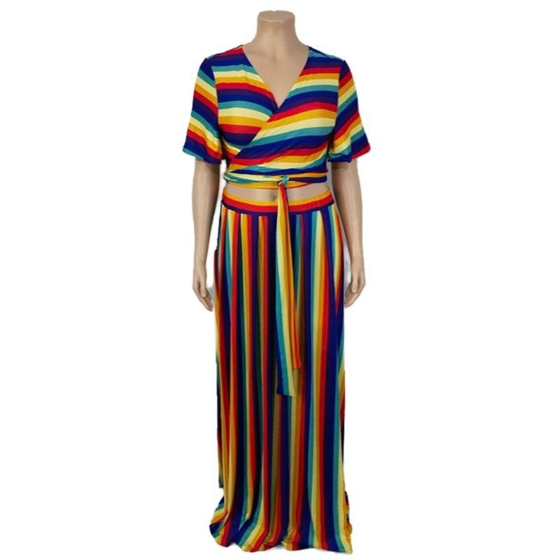 Rainbow Striped Short Sleeve Print Top + Elastic Waist Maxi Skirt 2-Piece Set to 5X