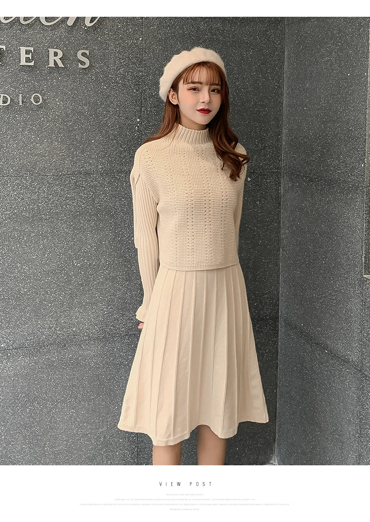 Solid Long Sleeve Pullover Sweater + Knitted Pleated Midi Skirt 2-Piece Set