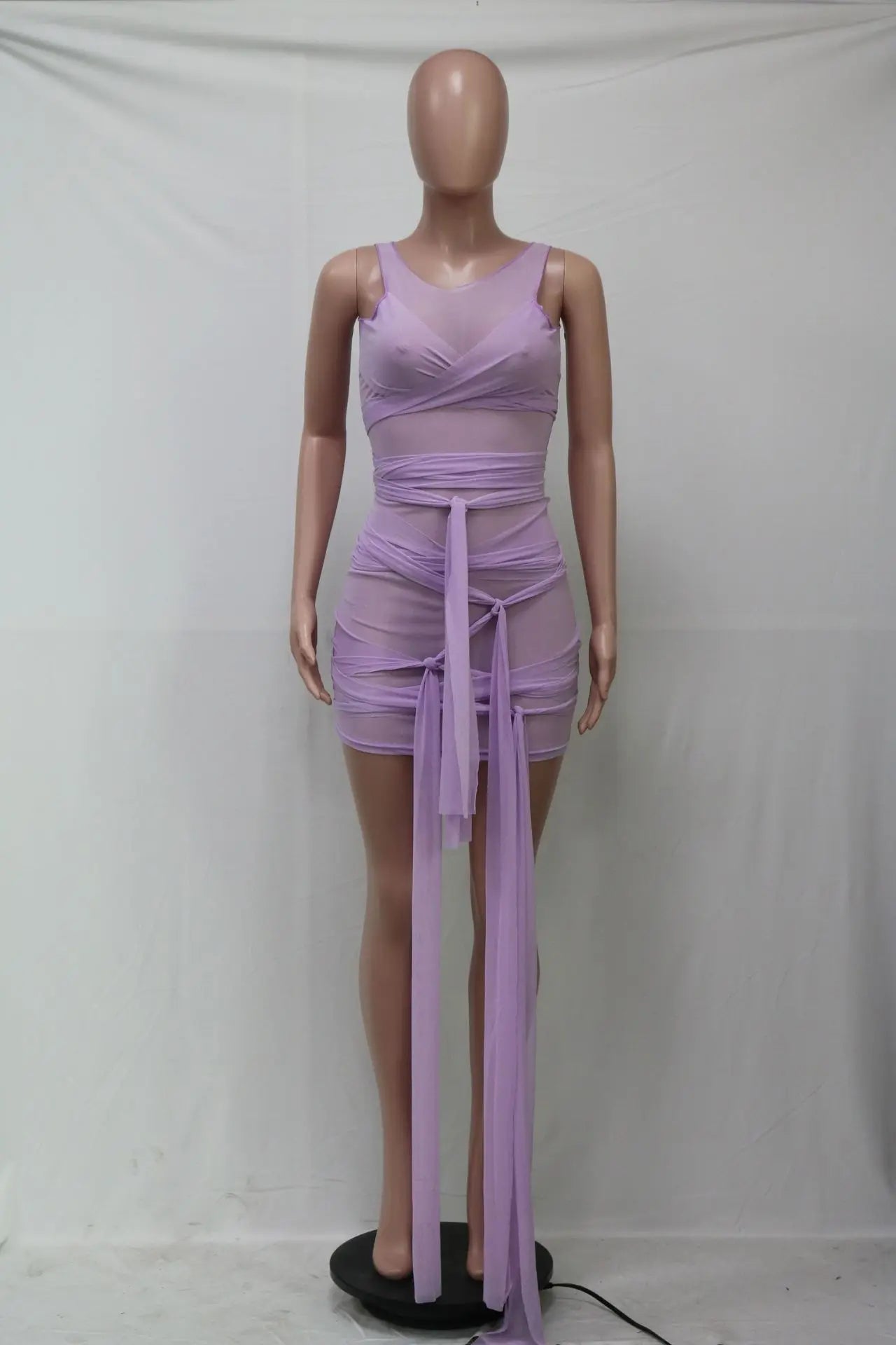 Sleeveless Bandage Criss-Cross Hollow-Out Design Transparent Mesh Mini Club Party/Prom Dress