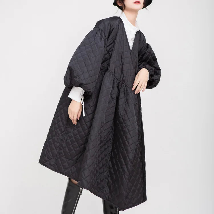 Retro Quilted Long Lantern Sleeve Embossed V-Neck Maxi Trench Dress