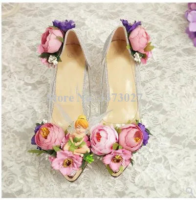 Pink/Baby Blue Rose Flower Decor Women's High Heel Pointed Toe Slip-On Pumps