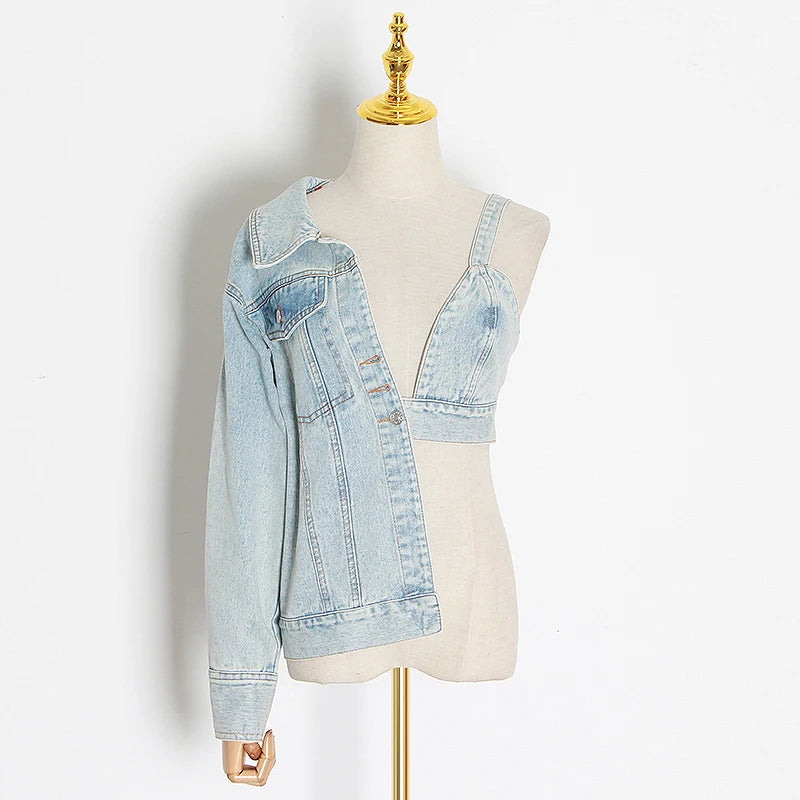 Denim Asymmetrical Hollow-Out Patchwork Women's V-Neck Long Sleeve One Off Shouder Jean Jacket