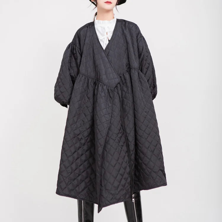 Retro Quilted Long Lantern Sleeve Embossed V-Neck Maxi Trench Dress