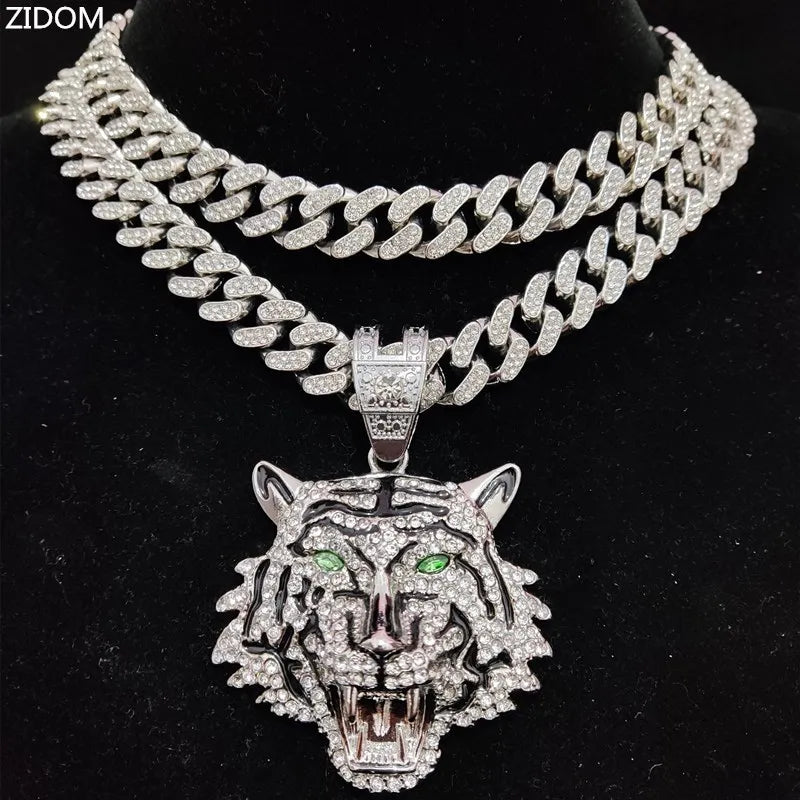 3D Tiger Pendant Crystal Cuban Chain Hip-Hop Iced Out Bling Chain Necklace