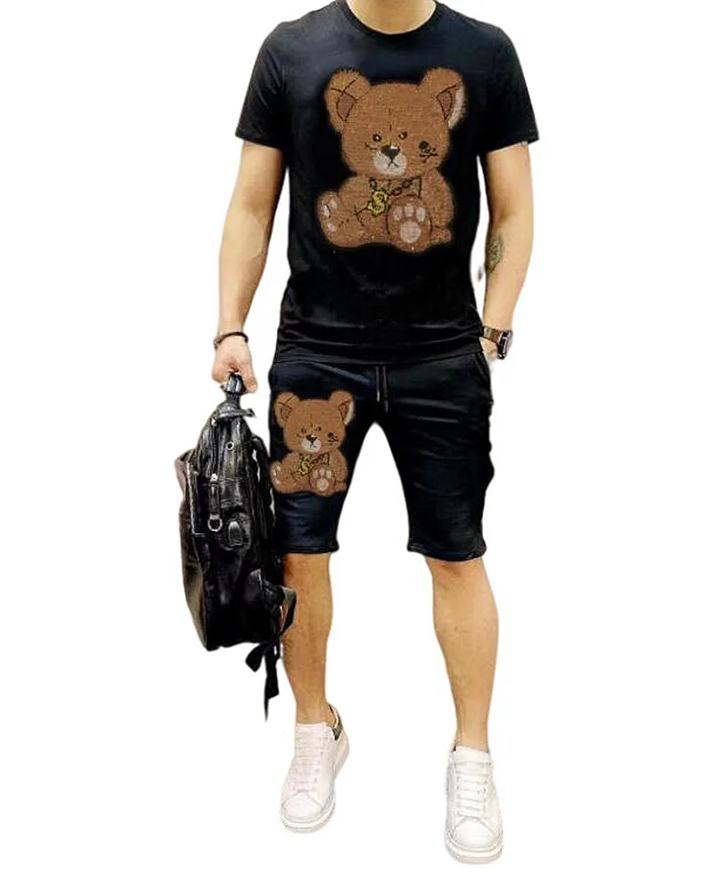 Men's Anime Rhinestone Diamond Teddy Bear Embroidered Short Sleeve O-Neck T-Shirt + Matching Shorts 2-Piece Set