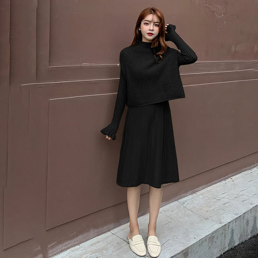 Solid Long Sleeve Pullover Sweater + Knitted Pleated Midi Skirt 2-Piece Set