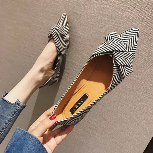 Bow Striped Geometric Pointed Toe Butterfly-Knot Ladies Flats