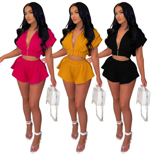 Ruffled Short Sleeve Solid Color Zipper Crop Top + Mini Elastic Waist Shorts 2-Piece Sets