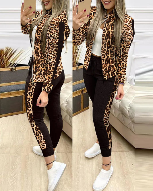 Leopard/Checkered Plaid Colorblock Puff Sleeve Zipper Jacket + Side Striped Leggings Women's Tracksuit