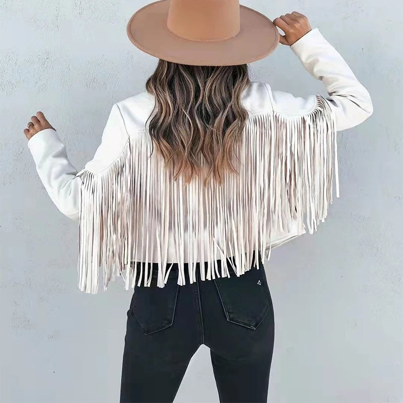 Tassel Fringe Detail Women's Cropped Faux Suede Western Cowgirl Jacket