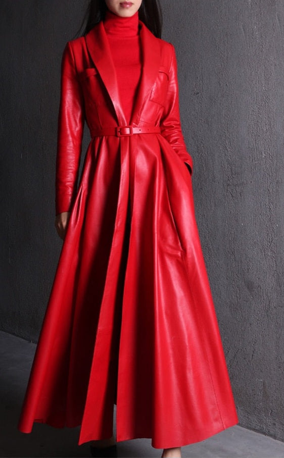 Pocketed Solid Color PU Leather Skirted Trench Coat Dress w/Belt to 7X Plus Size