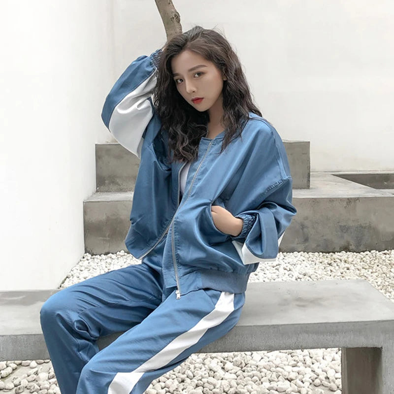 Satin Zipper Side Striped Ladies Jacket + Drawstring Pants Tracksuit