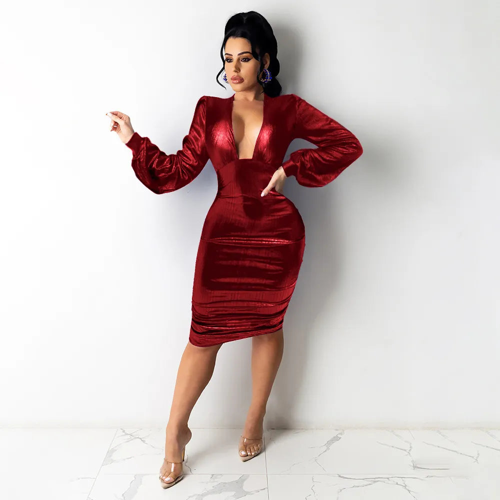 Sequined Satin Long Sleeve Midi V-Neck Bodycon Zipper Back Dress