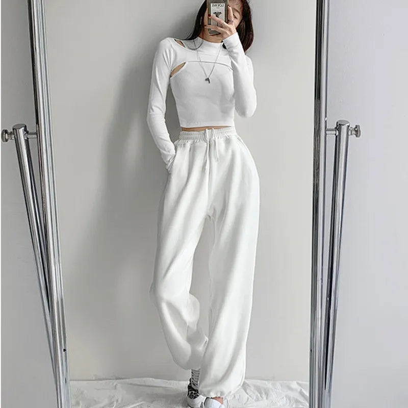 Hollow-Out Knitted Cropped Long Sleeve Women's Shirt