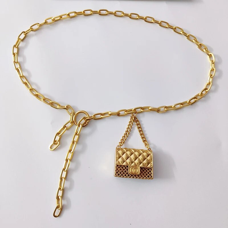 Gold/Silver Metal Mini Bag Pendant Hollow-Out Tassel Body Chain Belt