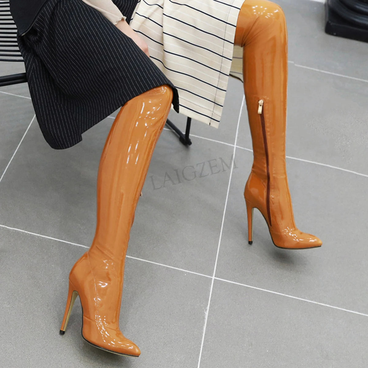 Shiny Patent Leather Solid Color Over-The-Knee Side Zipper Stiletto Heel Women's Thigh High Boots