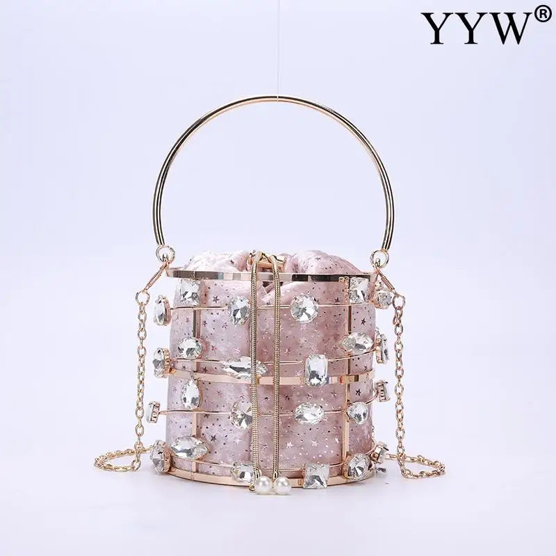 Crystal Diamond Pearl Glitter Beaded Metallic Cage Basket Purse