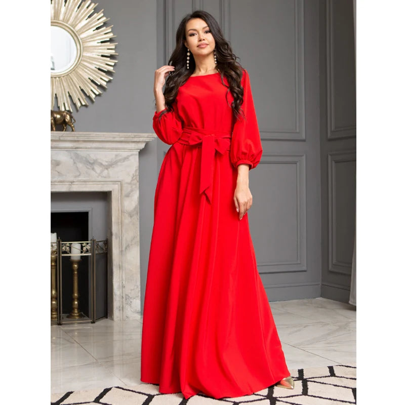 Lantern Vintage Bowtie Maxi Long Sleeve Bandage O-Neck Bohemian Floor-Length Dress