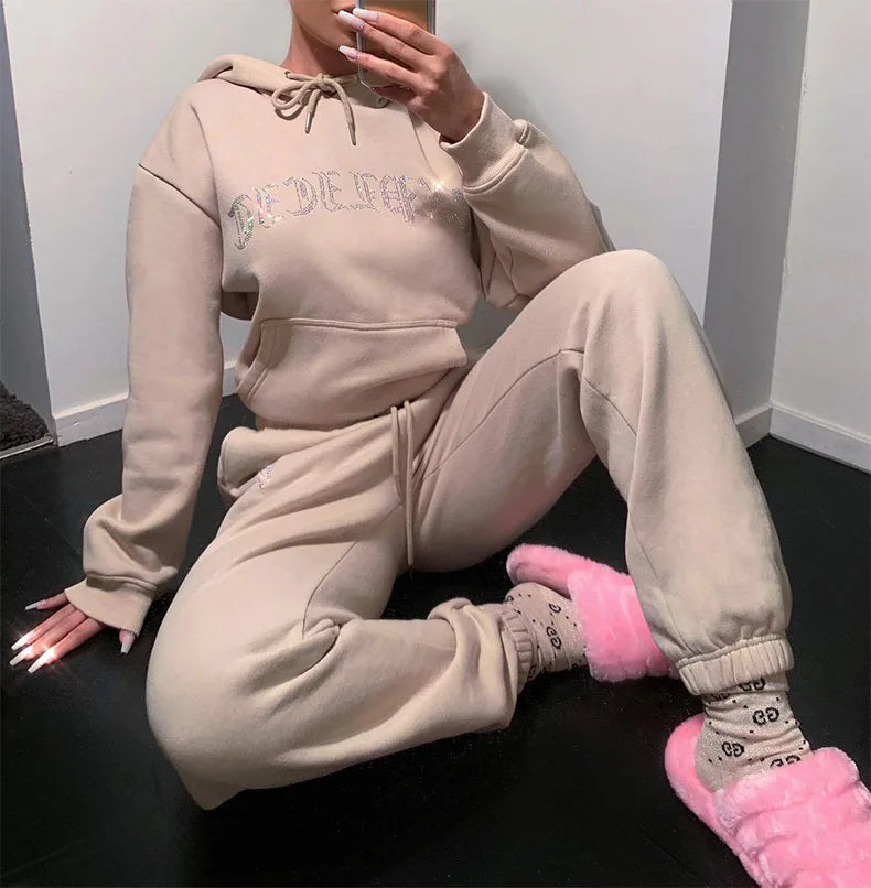 "NASTY" Women's High Waist Velvet Hoodie Tracksuit