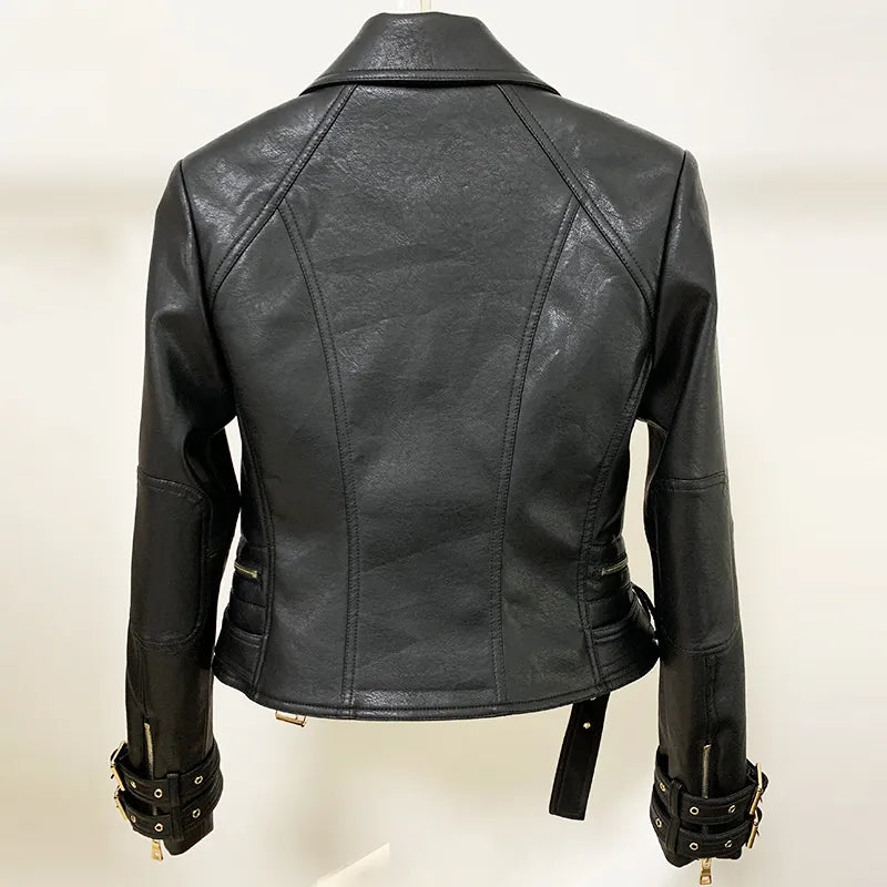 Designer Jacket Women's Lion Button Faux Leather Motorcycle Biker Jacket