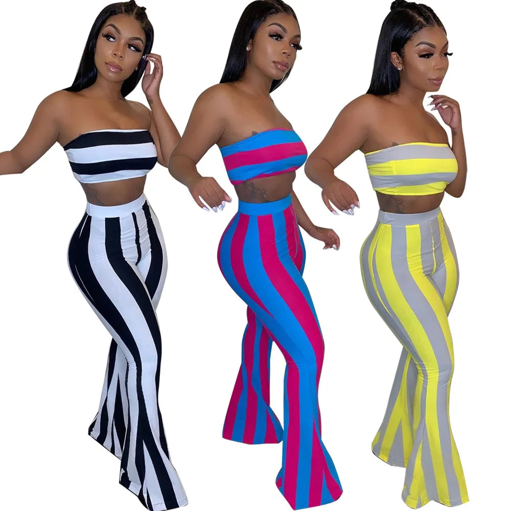 Sleeveless Striped Colorblock Tube Top+ Bodycon Flared Leggings Women's 2-Piece Set