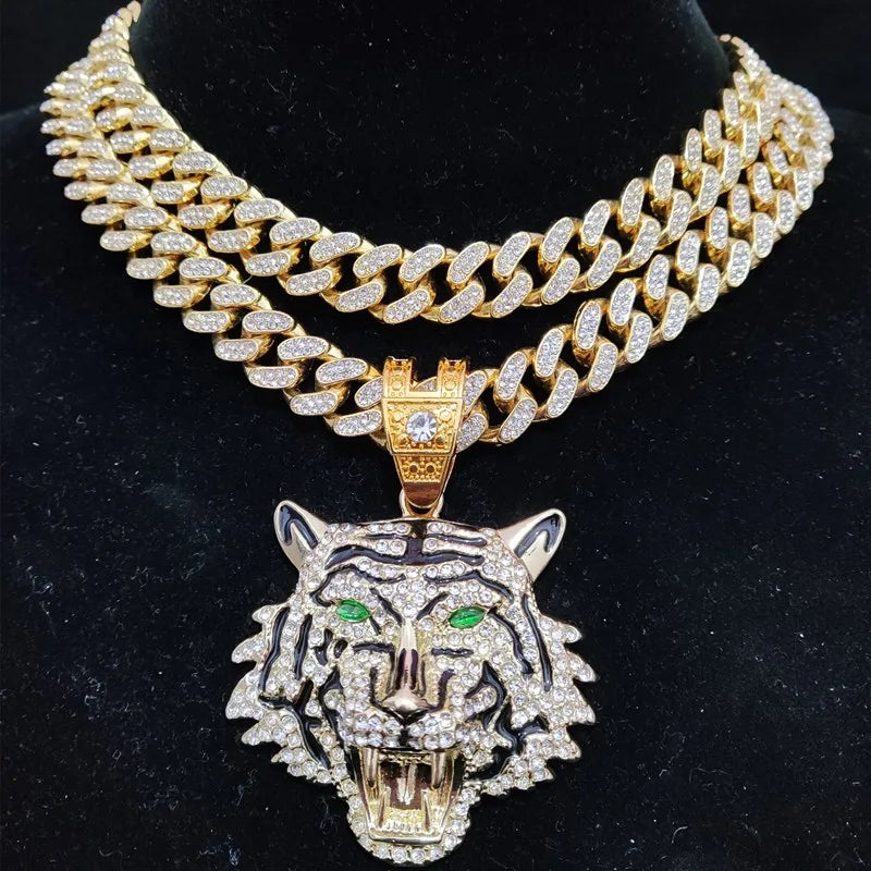 3D Tiger Pendant Crystal Cuban Chain Hip-Hop Iced Out Bling Chain Necklace