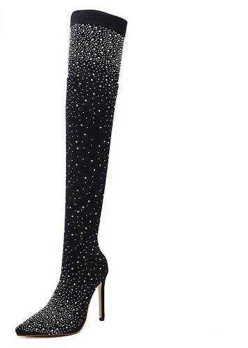 Crystal Rhinestone Embellished Women's Pointed Toe Over-the-Knee Thigh High Stretch Sock Boots