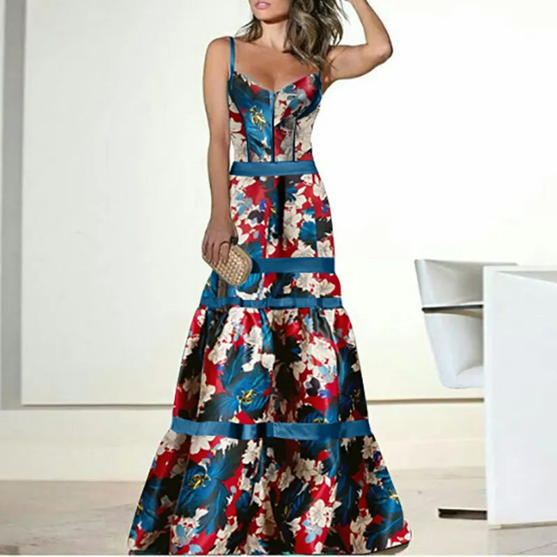 Ruffled Mermaid Trumpet Floral Printed Vintage Sleeveless Patchwork A-Line Maxi Dress