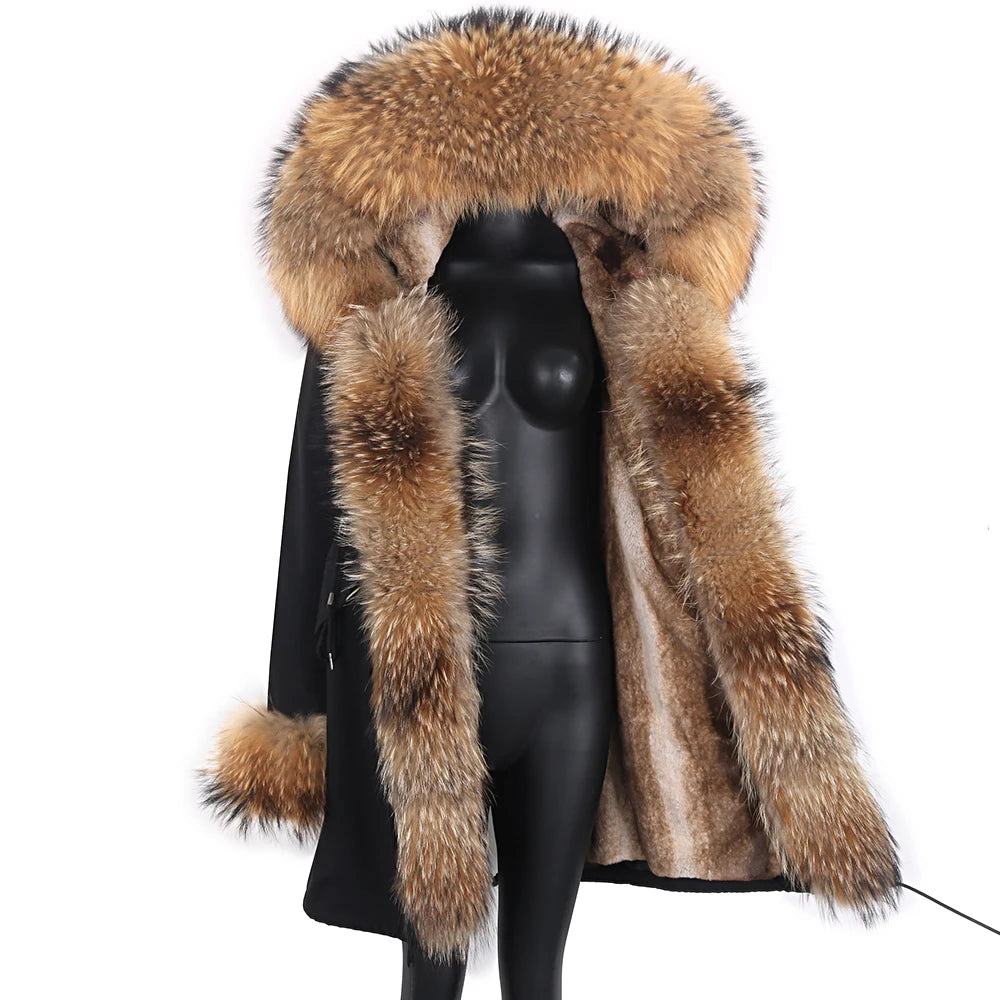 Colorblock Real Fur Oversized Collar Hip-Hop Design Women's Hooded Full Pelt Trenchcoat