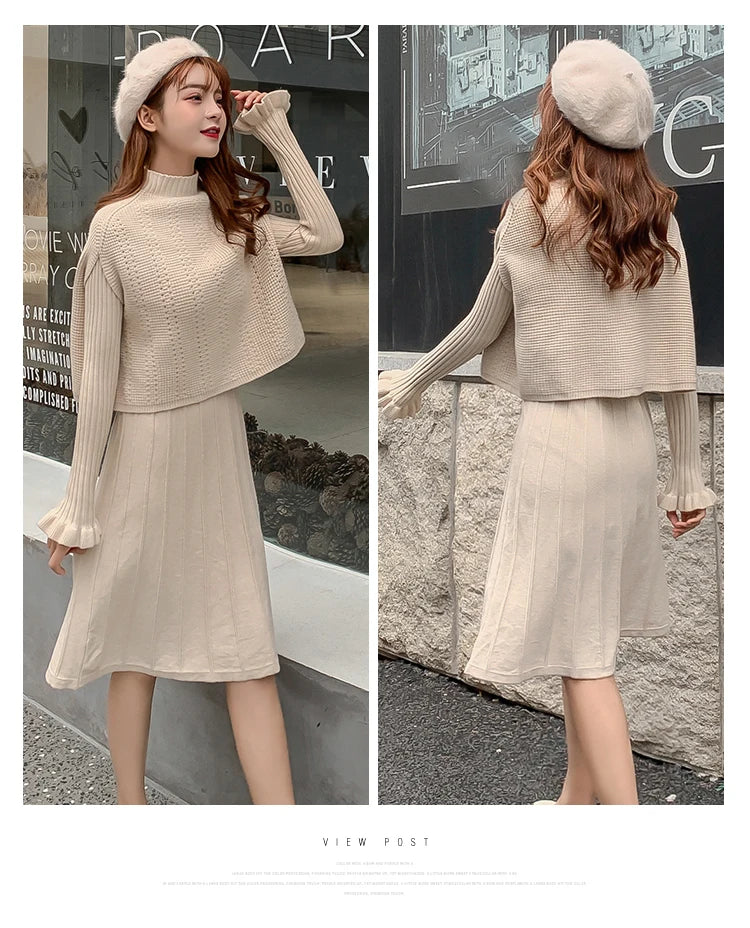 Solid Long Sleeve Pullover Sweater + Knitted Pleated Midi Skirt 2-Piece Set