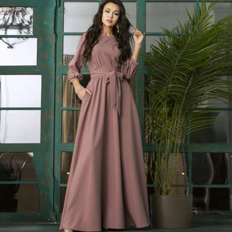 Lantern Vintage Bowtie Maxi Long Sleeve Bandage O-Neck Bohemian Floor-Length Dress