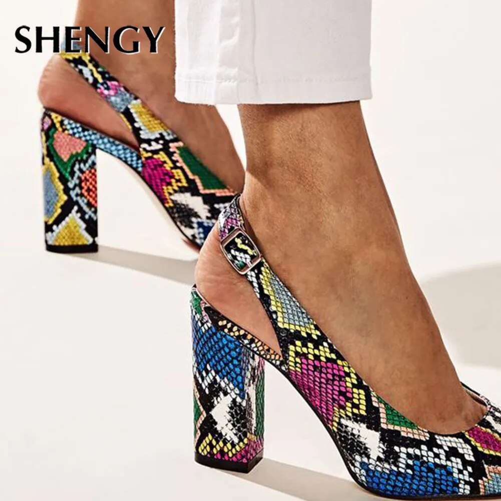 Rainbow Snake Print Slingback Mule Platform Sandal Pumps
