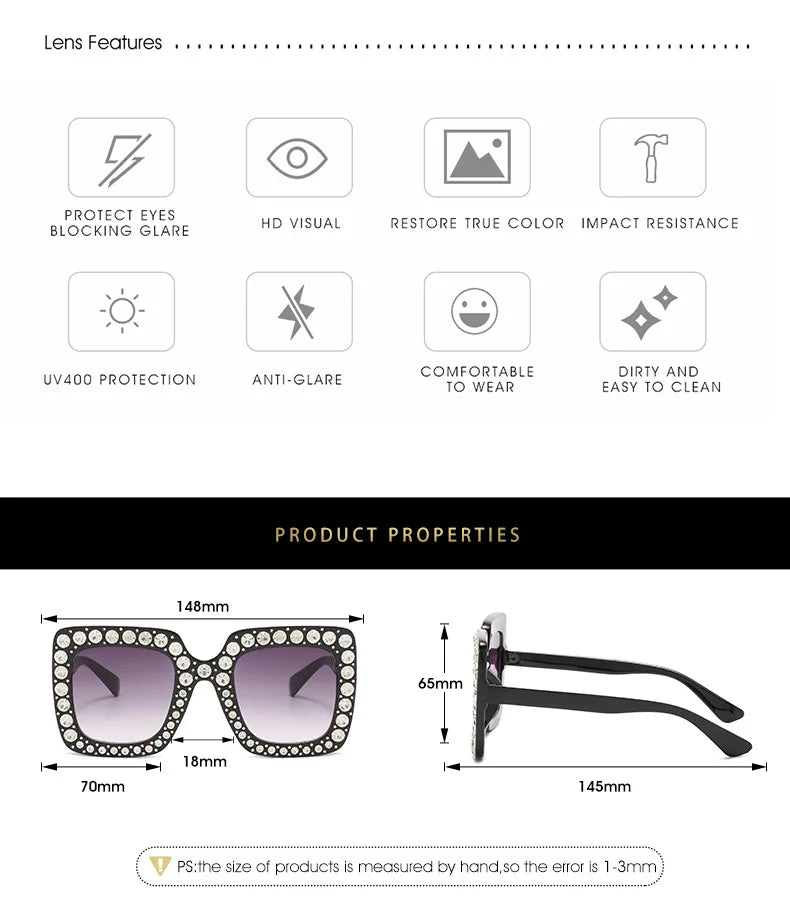 Oversized Square Rhinestone Diamond Women's UV400 Sunglasses