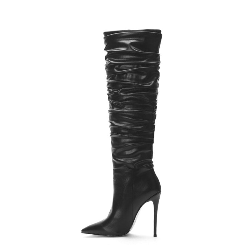 Pointed Slouch Pleated Ladies Knee High Boots