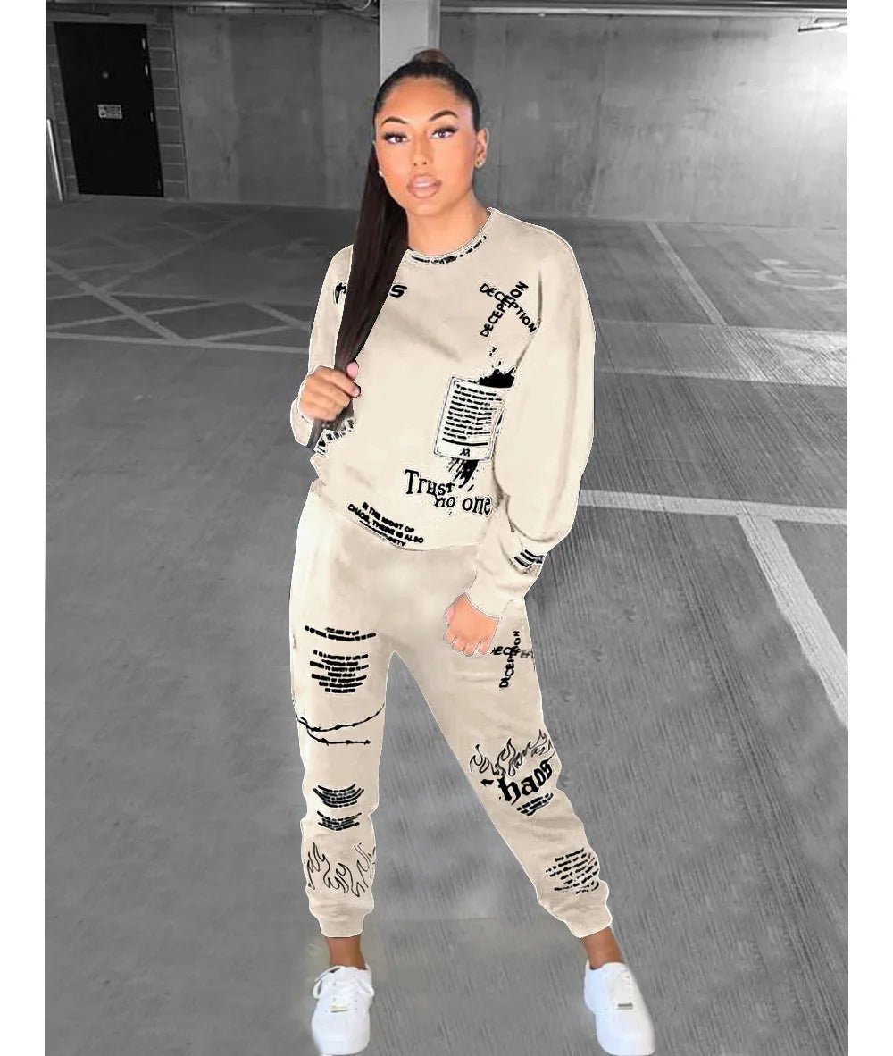 Women Tracksuit 2 Pieces Set Autumn Letter Printed Oversized Hoodies Sweatshirt Pants Suit Sweatpants Outfits Matching Sets