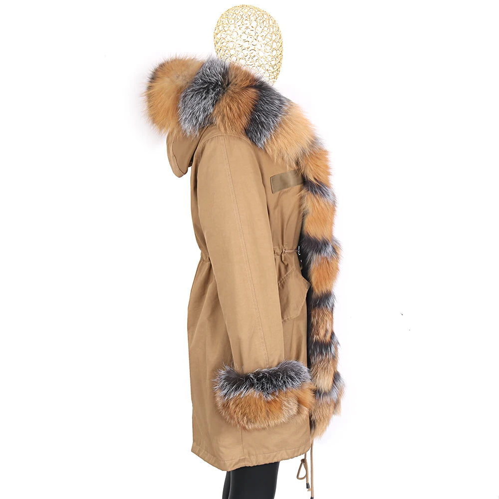 Colorblock Real Fur Oversized Collar Hip-Hop Design Women's Hooded Full Pelt Trenchcoat