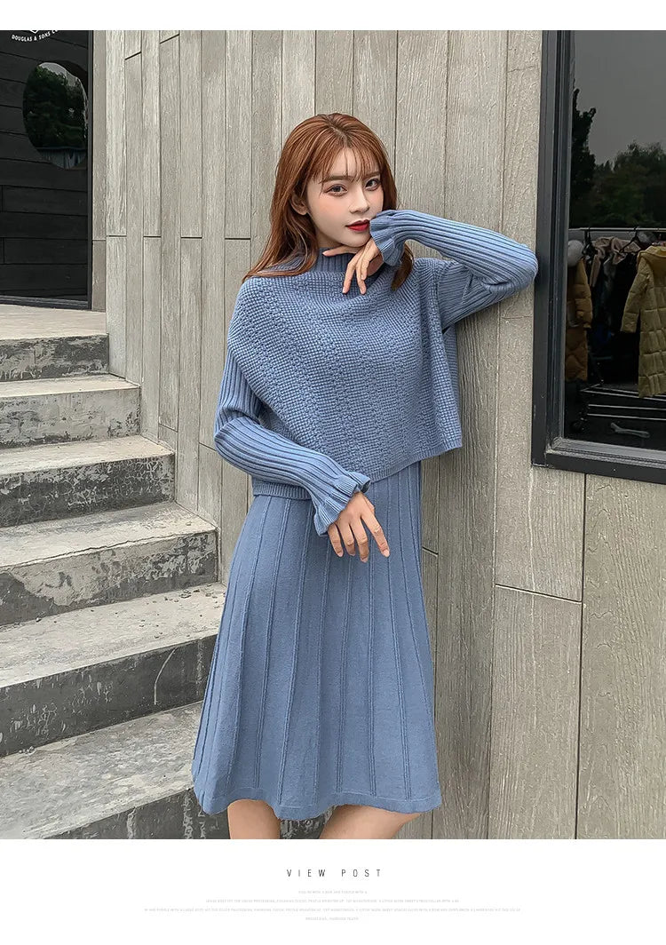 Solid Long Sleeve Pullover Sweater + Knitted Pleated Midi Skirt 2-Piece Set