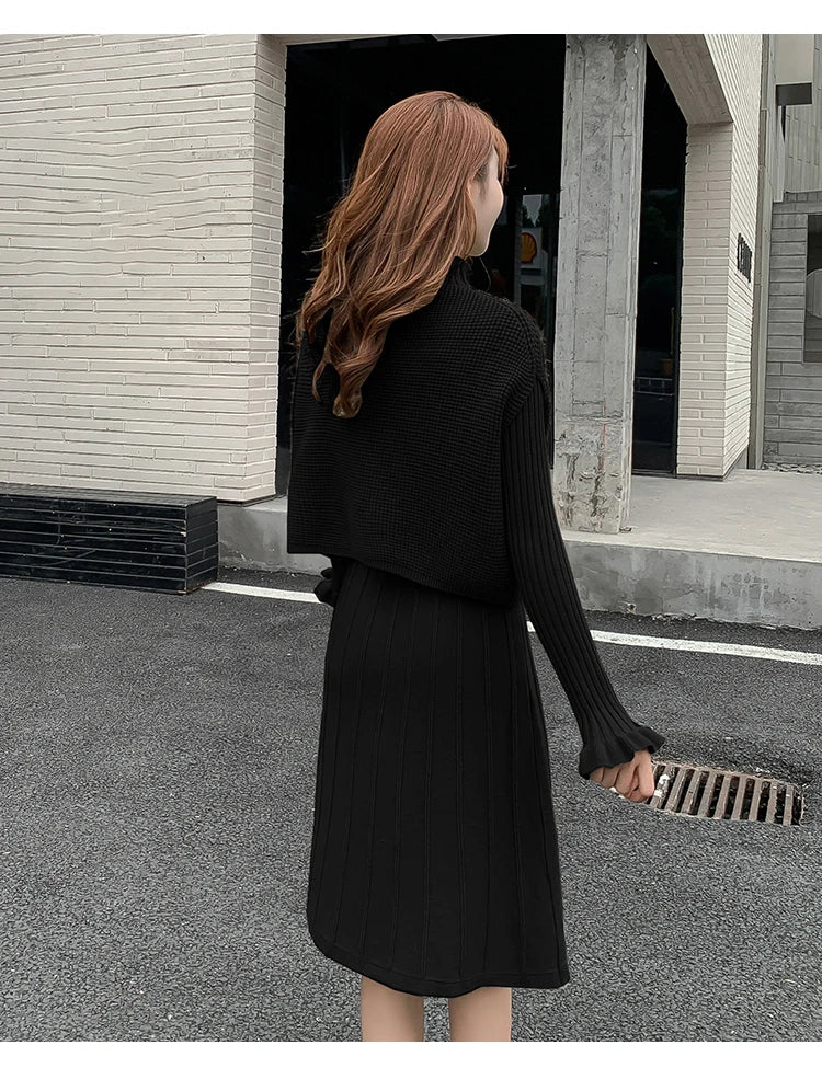 Solid Long Sleeve Pullover Sweater + Knitted Pleated Midi Skirt 2-Piece Set