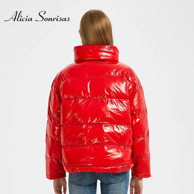 Women's Waterproof Glossy Puffer Down Cotton Bomber Jacket